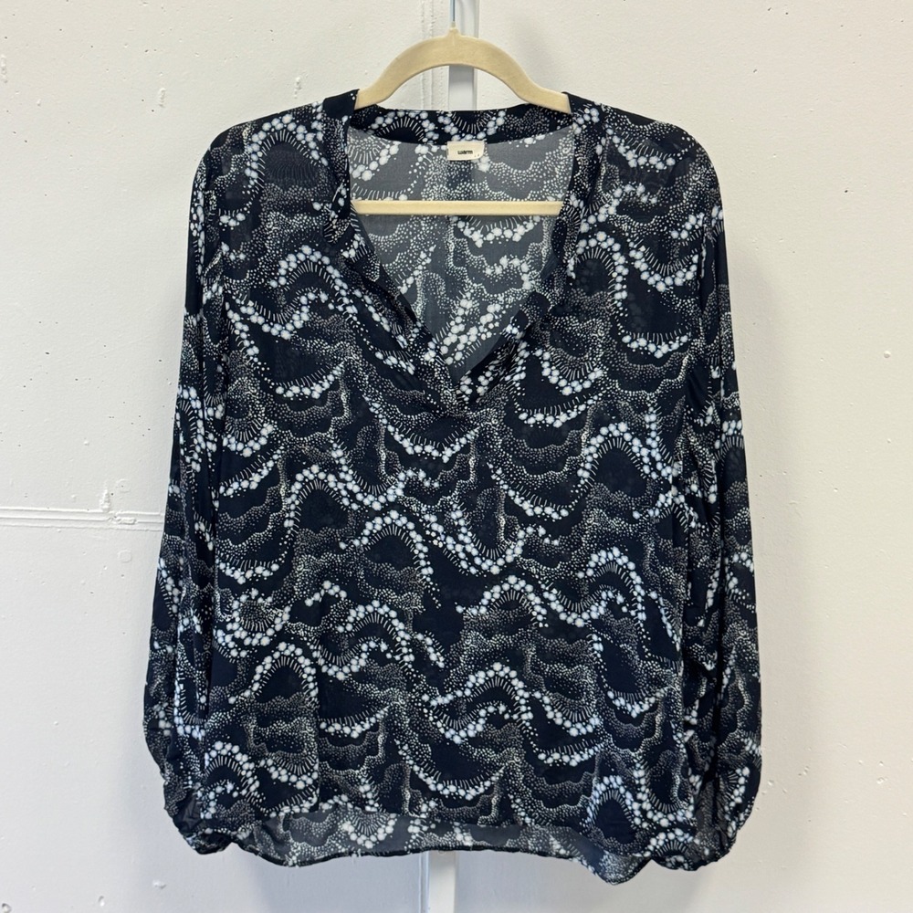 Warm NY Navy Blue White Dotted Wave Print Viscose V-Neck Balloon Sleeve Blouse 1